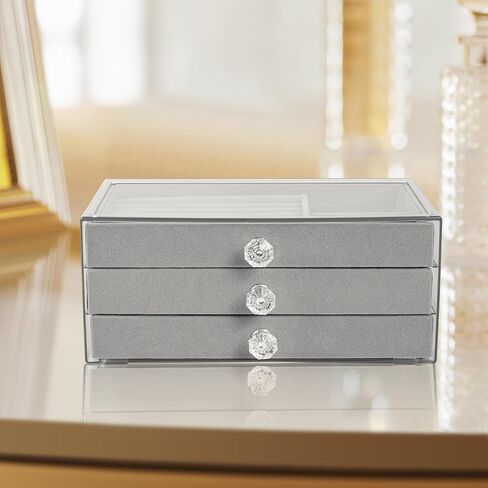 Jewelry Box, 3 Drawer Jewelry Holder Organizer, Jewelry Boxes & Organizers with Earring Organizer, Jewelry Holder Box, Clear Jewelry Organizer Box for Jewelry Storage, Valentines Day Gift (Beige) in Saudi Arabia