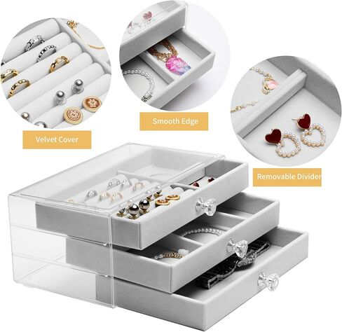 Jewelry Box, 3 Drawer Jewelry Holder Organizer, Jewelry Boxes & Organizers with Earring Organizer, Jewelry Holder Box, Clear Jewelry Organizer Box for Jewelry Storage, Valentines Day Gift (Beige) in Saudi Arabia