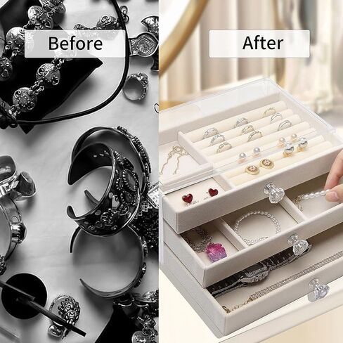 Jewelry Box, 3 Drawer Jewelry Holder Organizer, Jewelry Boxes & Organizers with Earring Organizer, Jewelry Holder Box, Clear Jewelry Organizer Box for Jewelry Storage, Valentines Day Gift (Beige) in Saudi Arabia