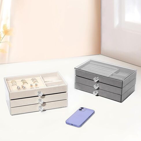 Jewelry Box, 3 Drawer Jewelry Holder Organizer, Jewelry Boxes & Organizers with Earring Organizer, Jewelry Holder Box, Clear Jewelry Organizer Box for Jewelry Storage, Valentines Day Gift (Beige) in Saudi Arabia