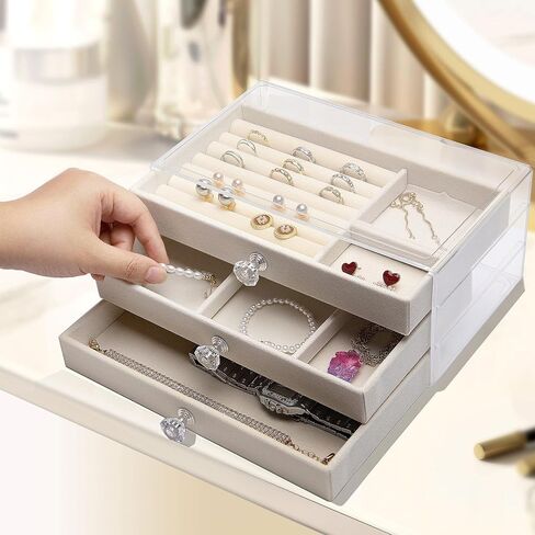 Jewelry Box, 3 Drawer Jewelry Holder Organizer, Jewelry Boxes & Organizers with Earring Organizer, Jewelry Holder Box, Clear Jewelry Organizer Box for Jewelry Storage, Valentines Day Gift (Beige) in Saudi Arabia