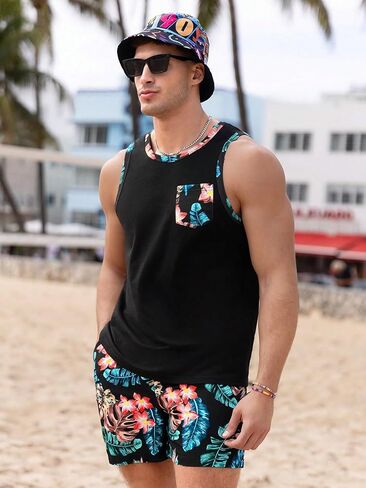 WDIRARA Men's 2 Piece Tropical Crewneck Summer Tank Top and Drawstring Pocket Shorts Set in Saudi Arabia