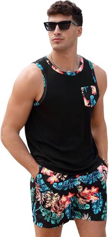 WDIRARA Men's 2 Piece Tropical Crewneck Summer Tank Top and Drawstring Pocket Shorts Set in Saudi Arabia