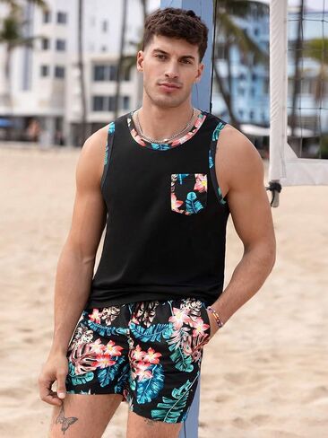 WDIRARA Men's 2 Piece Tropical Crewneck Summer Tank Top and Drawstring Pocket Shorts Set in Saudi Arabia