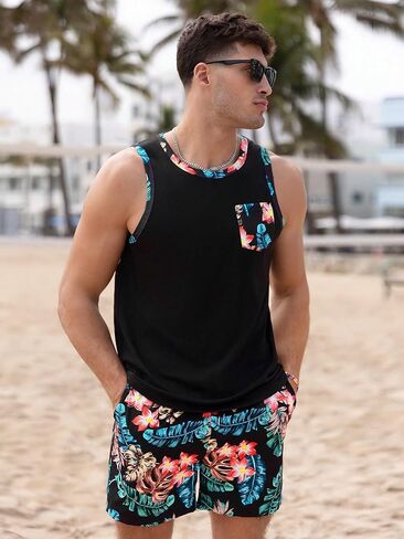 WDIRARA Men's 2 Piece Tropical Crewneck Summer Tank Top and Drawstring Pocket Shorts Set in Saudi Arabia