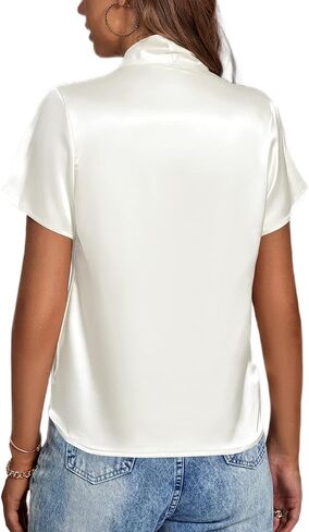 LYANER Women's Satin V Neck Short Sleeve Wrap Elegant Blouse Shirt in Saudi Arabia