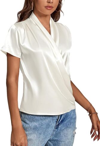 LYANER Women's Satin V Neck Short Sleeve Wrap Elegant Blouse Shirt in Saudi Arabia