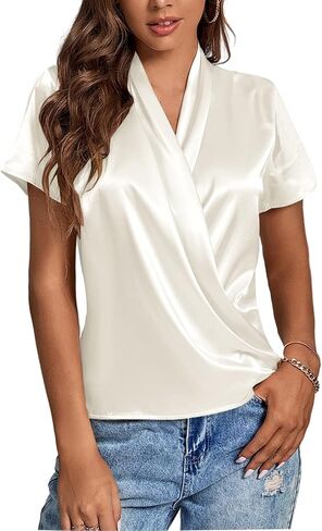 LYANER Women's Satin V Neck Short Sleeve Wrap Elegant Blouse Shirt in Saudi Arabia