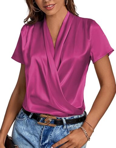 LYANER Women's Satin V Neck Short Sleeve Wrap Elegant Blouse Shirt in Saudi Arabia