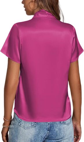 LYANER Women's Satin V Neck Short Sleeve Wrap Elegant Blouse Shirt in Saudi Arabia