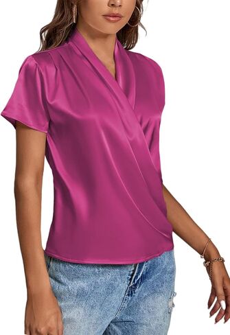 LYANER Women's Satin V Neck Short Sleeve Wrap Elegant Blouse Shirt in Saudi Arabia