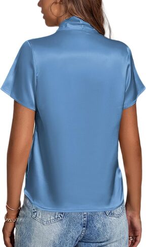 LYANER Women's Satin V Neck Short Sleeve Wrap Elegant Blouse Shirt in Saudi Arabia