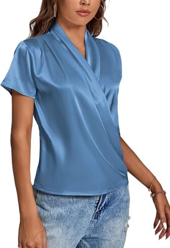 LYANER Women's Satin V Neck Short Sleeve Wrap Elegant Blouse Shirt in Saudi Arabia