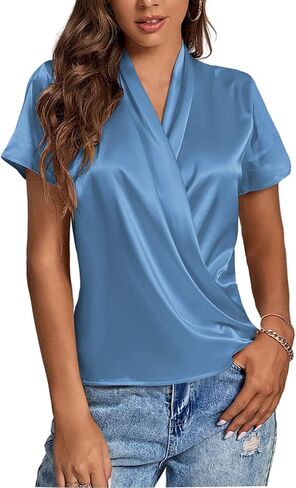 LYANER Women's Satin V Neck Short Sleeve Wrap Elegant Blouse Shirt in Saudi Arabia