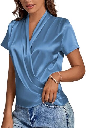 LYANER Women's Satin V Neck Short Sleeve Wrap Elegant Blouse Shirt in Saudi Arabia