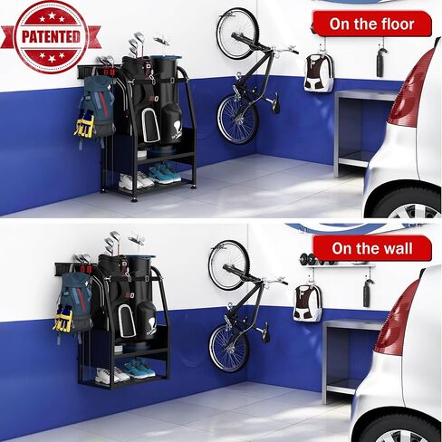 رف تخزين حقيبة الجولف من Ultrawall للجراج، منظم معدات الجولف لحقائب الجولف وملحقاتها، حامل حقيبة الجولف مع أقدام التسوية، تخزين الجولف المثبت على الحائط، أسود in Kuwait