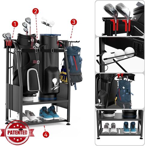 رف تخزين حقيبة الجولف من Ultrawall للجراج، منظم معدات الجولف لحقائب الجولف وملحقاتها، حامل حقيبة الجولف مع أقدام التسوية، تخزين الجولف المثبت على الحائط، أسود in Kuwait