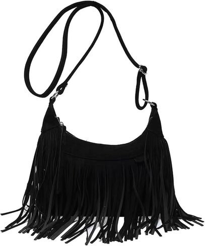 نساء موضة هامش محفظة حقائب كروسبودي نباتي من جلد الغزال الهبي شرابة هوبو حقيبة كتف حقائب اليد خمر in Kuwait