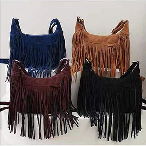 نساء موضة هامش محفظة حقائب كروسبودي نباتي من جلد الغزال الهبي شرابة هوبو حقيبة كتف حقائب اليد خمر in Kuwait