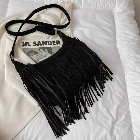 نساء موضة هامش محفظة حقائب كروسبودي نباتي من جلد الغزال الهبي شرابة هوبو حقيبة كتف حقائب اليد خمر in Kuwait