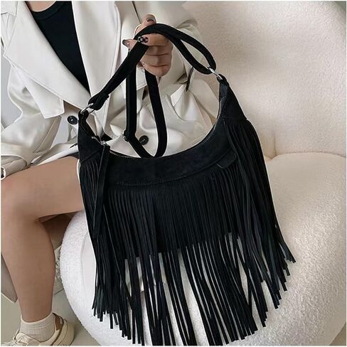 نساء موضة هامش محفظة حقائب كروسبودي نباتي من جلد الغزال الهبي شرابة هوبو حقيبة كتف حقائب اليد خمر in Kuwait