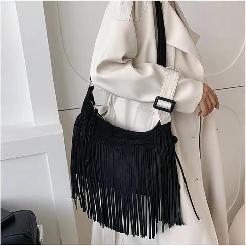 نساء موضة هامش محفظة حقائب كروسبودي نباتي من جلد الغزال الهبي شرابة هوبو حقيبة كتف حقائب اليد خمر in Kuwait