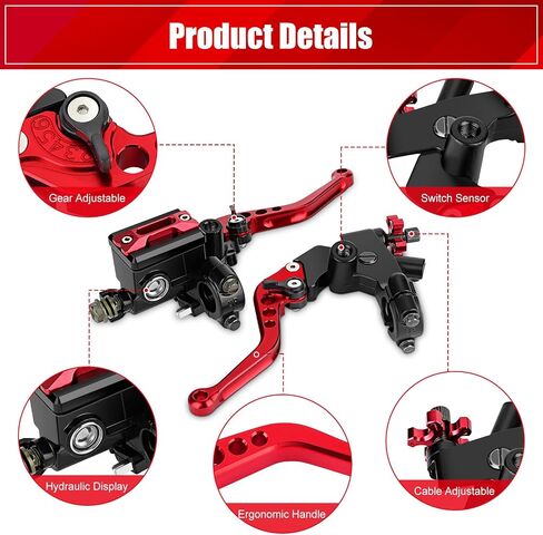 Health Gear Master Cylinder Levers, 7/8 Inch Motorcycle Clutch Brake Handle Lever Motorcycle Master Cylinder Kit with Fluid Reservoir for Most Motorcycles, 1 Pair (Red) in Saudi Arabia