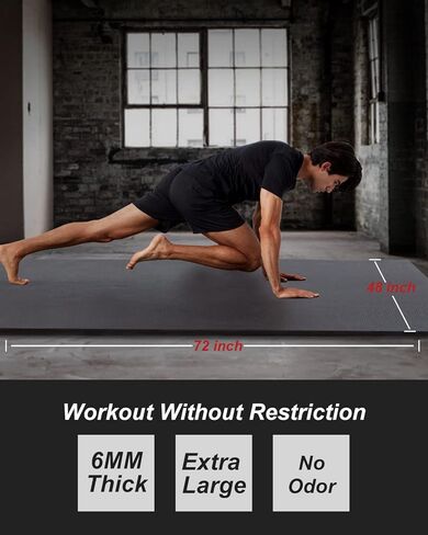 سجادة يوجا كبيرة مقاس 6 × 4 بوصة عريضة جدًا بسمك 6 مم لصالة الألعاب الرياضية المنزلية، سجادة تمرين غير قابلة للانزلاق لليوجا والبيلاتس والتمدد والأرضية - أسود in Kuwait