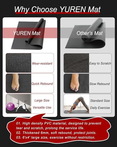 سجادة يوجا كبيرة مقاس 6 × 4 بوصة عريضة جدًا بسمك 6 مم لصالة الألعاب الرياضية المنزلية، سجادة تمرين غير قابلة للانزلاق لليوجا والبيلاتس والتمدد والأرضية - أسود in Kuwait