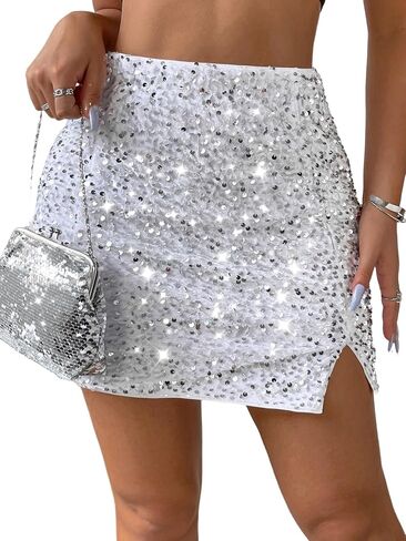WDIRARA Women's Glitter Contrast Sequin Skirt Split Hem Bodycon Short Club Party Skirts in Saudi Arabia