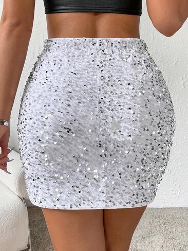 WDIRARA Women's Glitter Contrast Sequin Skirt Split Hem Bodycon Short Club Party Skirts in Saudi Arabia