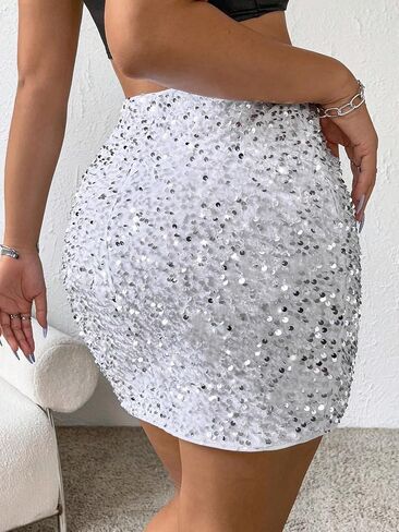WDIRARA Women's Glitter Contrast Sequin Skirt Split Hem Bodycon Short Club Party Skirts in Saudi Arabia