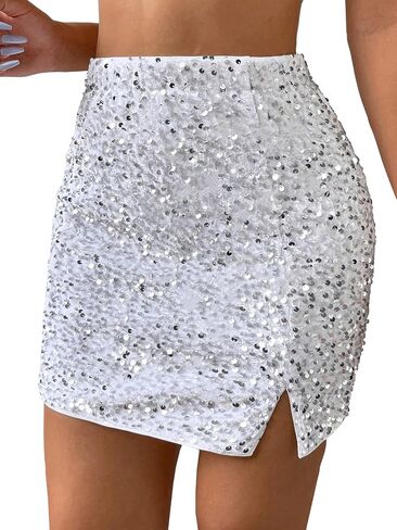 WDIRARA Women's Glitter Contrast Sequin Skirt Split Hem Bodycon Short Club Party Skirts in Saudi Arabia