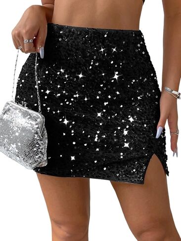 WDIRARA Women's Glitter Contrast Sequin Skirt Split Hem Bodycon Short Club Party Skirts in Saudi Arabia
