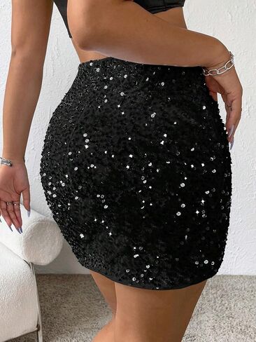 WDIRARA Women's Glitter Contrast Sequin Skirt Split Hem Bodycon Short Club Party Skirts in Saudi Arabia