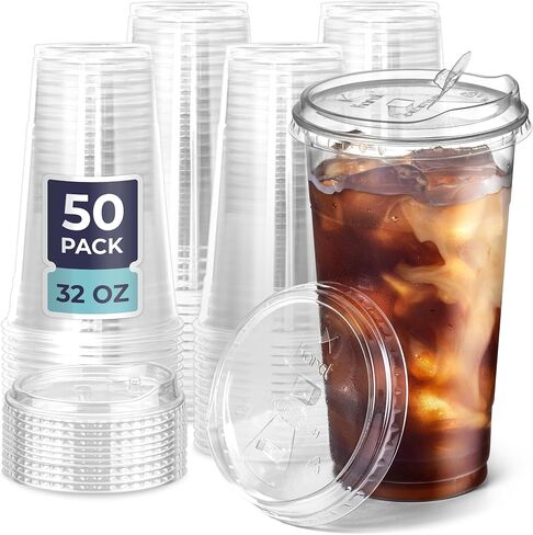 Fit Meal Prep 50 Pack 32 oz Clear Plastic Cups with Strawless Sip Lids, Disposable Plastic Coffee Cups with Lids, To Go Cups for Iced Coffee, Smoothies, Soda, Party Drinks, Bubble Tea, Cold Beverage in Saudi Arabia