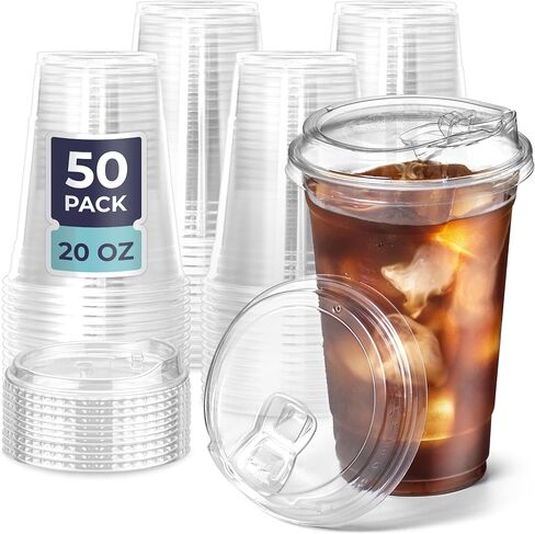 Fit Meal Prep 50 Pack 32 oz Clear Plastic Cups with Strawless Sip Lids, Disposable Plastic Coffee Cups with Lids, To Go Cups for Iced Coffee, Smoothies, Soda, Party Drinks, Bubble Tea, Cold Beverage in Saudi Arabia