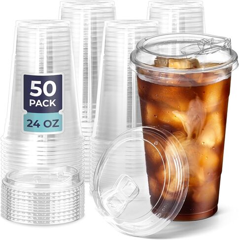 Fit Meal Prep 50 Pack 32 oz Clear Plastic Cups with Strawless Sip Lids, Disposable Plastic Coffee Cups with Lids, To Go Cups for Iced Coffee, Smoothies, Soda, Party Drinks, Bubble Tea, Cold Beverage in Saudi Arabia