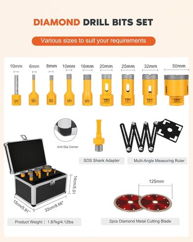 الماس بلاط لقمة ثقب مجموعة ثقب المنشار عدة 6/8/10/16/20/25/32/50 مللي متر 10 مللي متر إصبع مثقاب قياس حاكم SDS عرقوب محول الماس الأساسية لقمة ثقب عدة زاوية طاحونة الخرسانة السيراميك in Kuwait