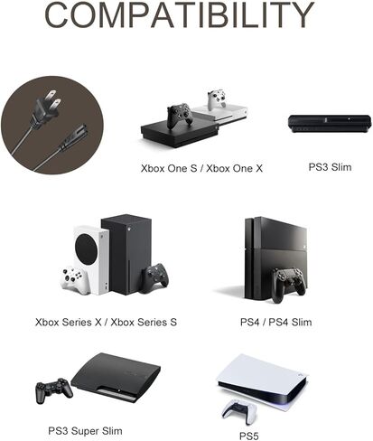 AC Power Cord for Xbox One S/X, Xbox Series X S, Sony PS5, PS4, PS4 Slim, PS3 Slim, PS3 Super Slim Playstation 5 Playstation 4 Slim Playstation 3 Slim Power Supply Cable Replacement (3FT) in Kuwait