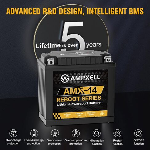 AMX-14AH Lithium Motorcycle Battery Reboot Series 12V 560A with Smart BMS, Replacement YTX14AH-BS Motorcycle, ATV, UTV, Scooter, Snowmobile, 4 Wheeler Lawn Mower and Generator Battery in Saudi Arabia