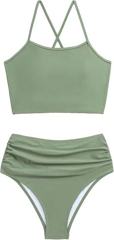 SweatyRocks المرأة 2 قطعة ثوب السباحة متقاطع الدانتيل حتى الظهر مجموعة البكيني عالية الخصر Ruched مثلث ملابس السباحة in Saudi Arabia