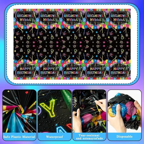 3Pcs Glow Party Table Cover Neon Plastic Tablecloth Glow in The Dark Birthday Table Cloth Black Light Disposable Party Decorations Supplies for Birthday Dessert Buffet Banquet Table Decoration in Saudi Arabia