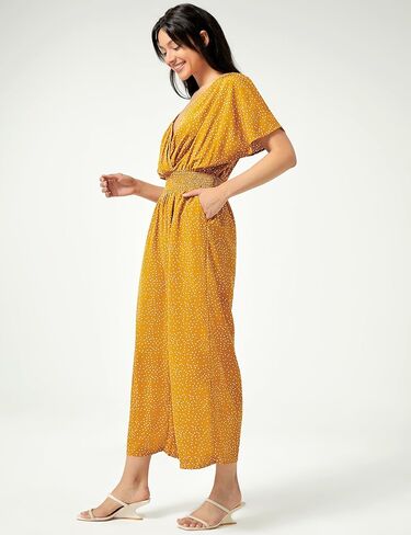 Women's Summer Casual Jumpsuit Chiffon Floral Short Sleeve Romper V Neck Wide Leg Pants with Pockets 2024 in Saudi Arabia