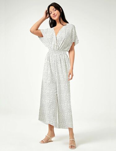 Women's Summer Casual Jumpsuit Chiffon Floral Short Sleeve Romper V Neck Wide Leg Pants with Pockets 2024 in Saudi Arabia