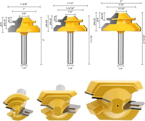 45 Degree Lock Miter Router Bit 3-Piece Set, for 31/64", 3/4"，1"，Cutting Height, 1/2 Inch Shank.Woodworking Tools Joint Router Bits in Saudi Arabia