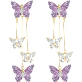 Purple Butterfly Earrings For Women Long Crystal Pearl Dangle Earrings Rhinestone Lavender Butterfly Drop Earrings For Girls Butterfly Tassel Style Zircon Earrings For Wedding Jewelry Gifts (B)