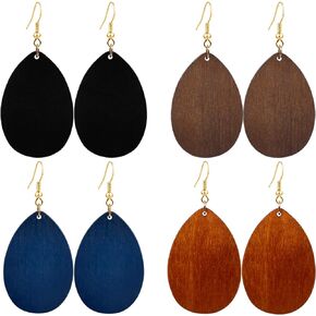 KaFu 4 Pairs Bohemian Natural Wooden Teardrop Dangle Earrings Retro Ethnic Geometric Big Round Circle Wood Earrings for Women Girls Handmade Bohemian Statement Jewelry
