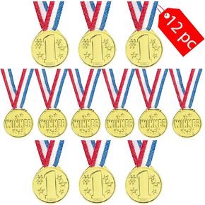 Tribello Olympic Gold Medals Awards for Kids (12 Pack),Olympic Necklace Goldtone Award Winner with Ribbons for Party Decorations, Competitions, Spelling Bees, Gymnastic Birthday,Olympics Decorations