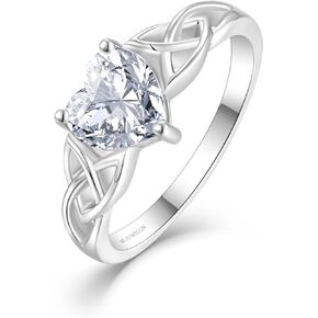 JO WISDOM Celtic Knot Rings for Women 925 Sterling Silver Heart Cut Birthstones Statement Rings with 18K White Gold Plated